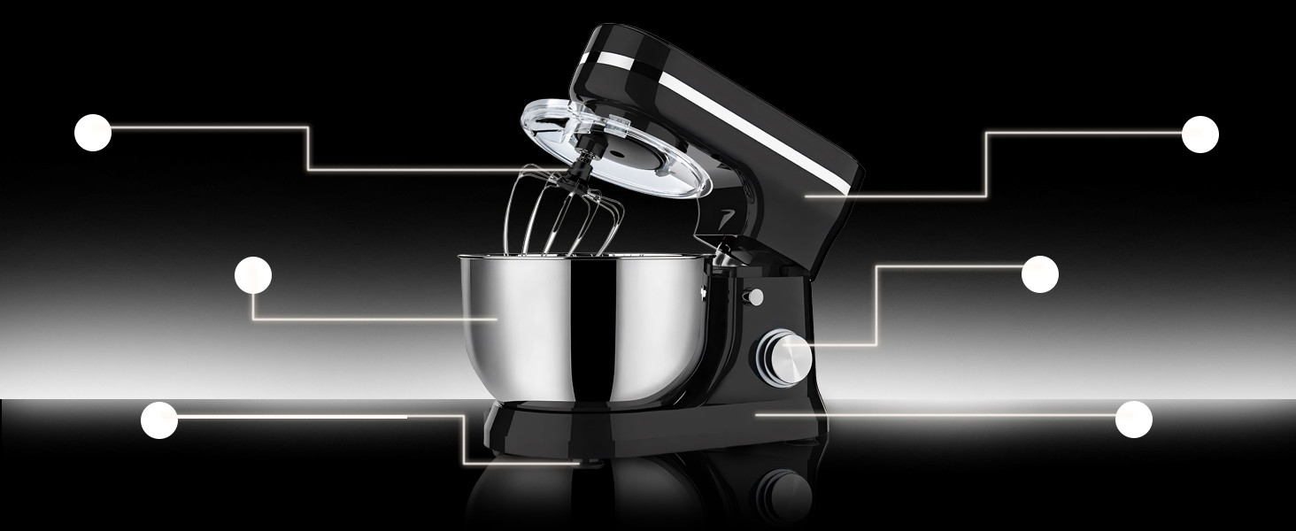 Кухонна машина Retoo 3-в-1 з нержавіючою чашею 6 л, 2000 Вт, 6 швидкостей, планетарний міксер, вінчик, гак для тіста, захист від бризок