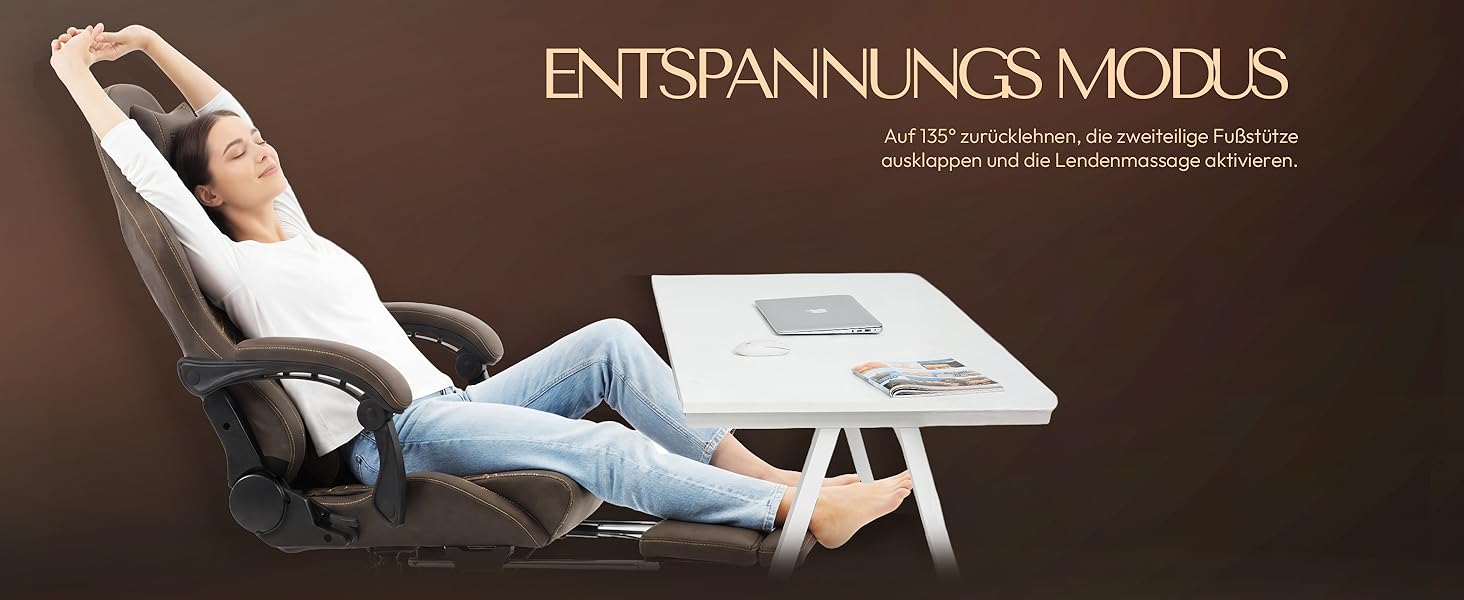 Ігровий крісло Dowinx з регульованою підніжкою, масажером попереку та офісним комфортом, до 200 кг, нахил спинки 165°, коричневий