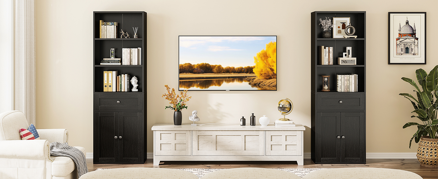 Стелаж Coleshome з дверцятами та шухлядами, 5 полиць, 48x24x164.2 см, білий/чорний