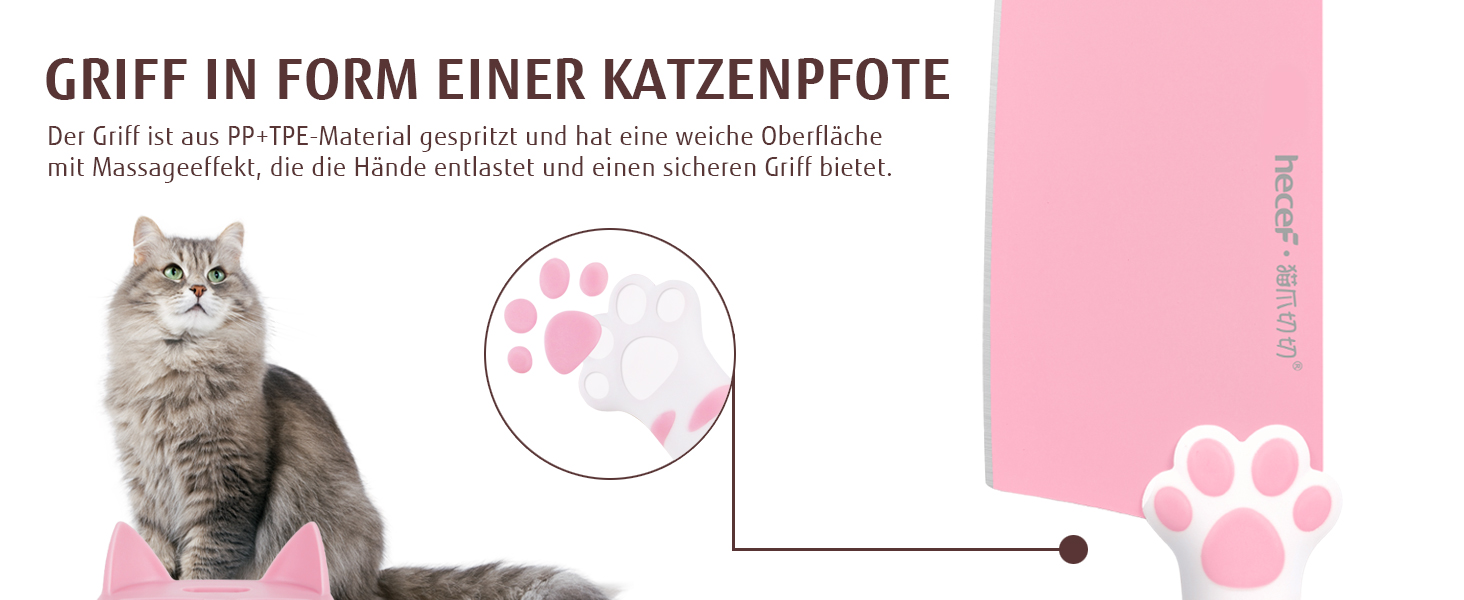 Набір кухонних ножів Hecef: 5 штук у блоці, рожевий, з ручками у формі котів