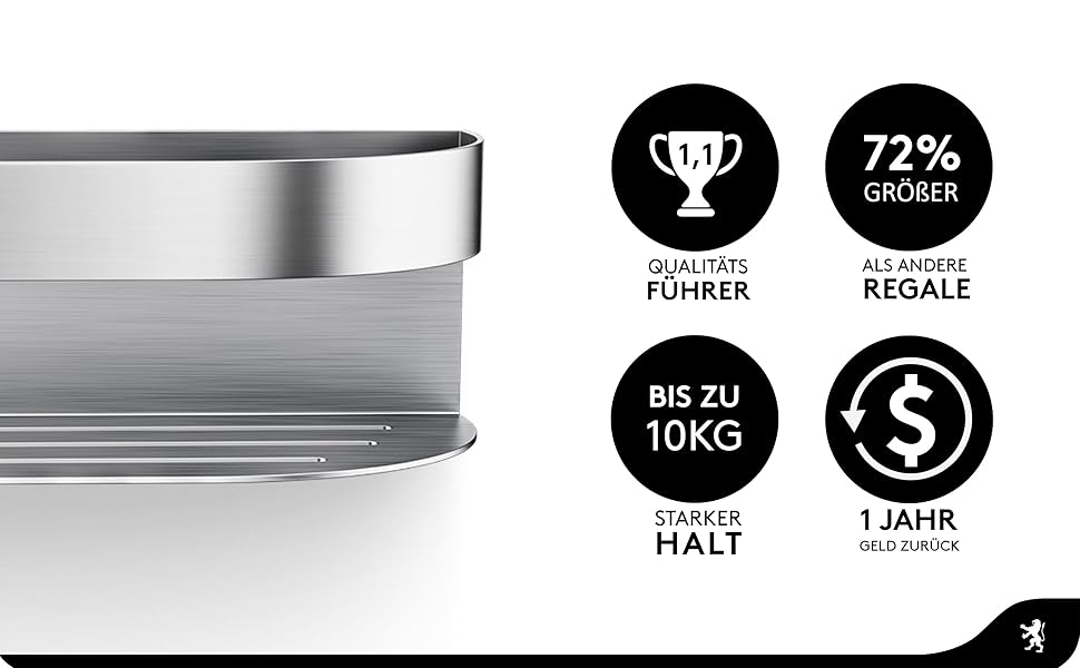 Поличка для душу GUTTENBURG без свердління (XXL, 38 см, 2200 см³), міцна, з нержавіючої сталі, проста установка ARCOS 38