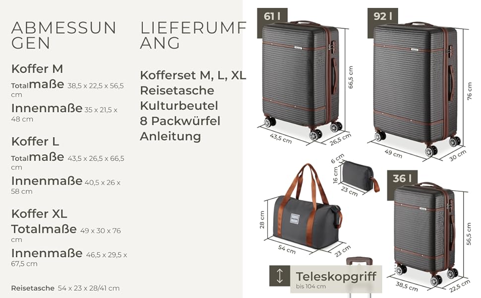 Набір валіз Tectake 13 шт. з валізою, сумкою та ролерами: 3 великі валізи, TSA-замок, сірий