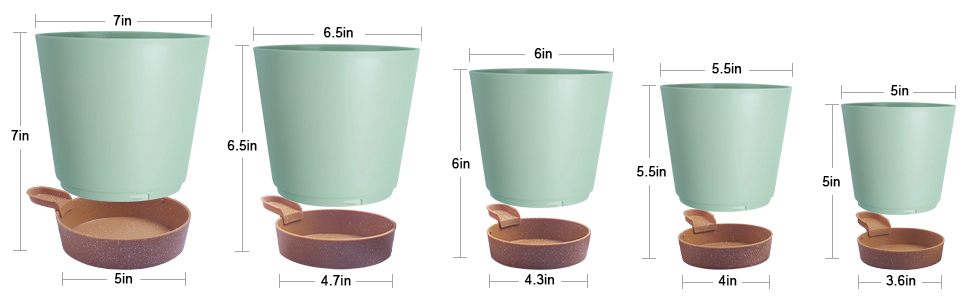 5 горщиків з пластику з системою поливу, 17.8/16.5/15.2/13.9/12.7 см. Самополивні кашпо з підставкою. Круглі горщики для квітів, сукулентів, кактусів. Для дому, балкона, саду. Зелений, коричневий колір.