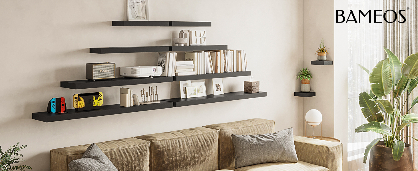Полиці настінні BAMEOS, комплект з 2 шт., 60x14.7 см, чорні - декор для ванної, кухні, вітальні, спальні