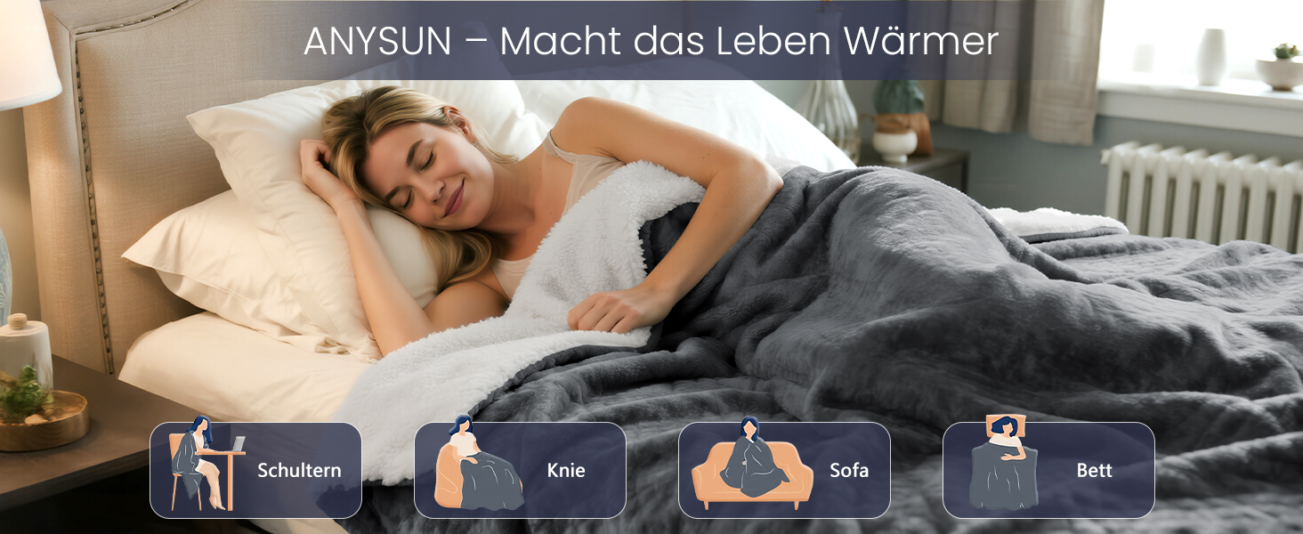 Електрична ковдра AnySun 200x180 см з автовимкненням, 6 рівнів нагріву, таймер 10 годин, захист від перегріву, сіра, для ліжка, дивану, машинне прання