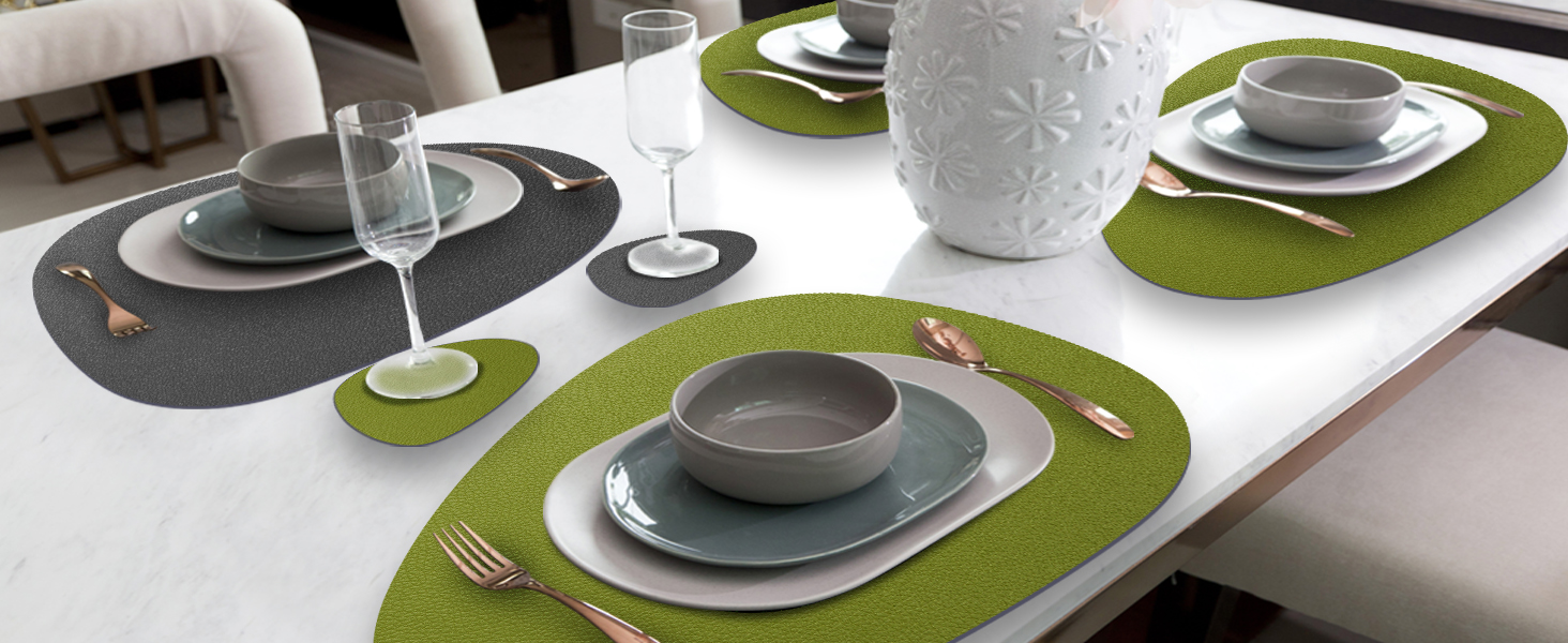 Набір з 6 підставників під тарілки, водонепроникні, з підставками, двосторонні, з імітацією шкіри, для обіднього столу, кухні, ресторану та дому (6 шт, зелений&сірий)