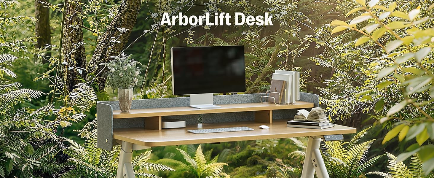 Електричний регульований стіл MAIDeSITe Arbor Lift 140x70 см білий/дуб з підставкою для монітора та акустичною перегородкою
