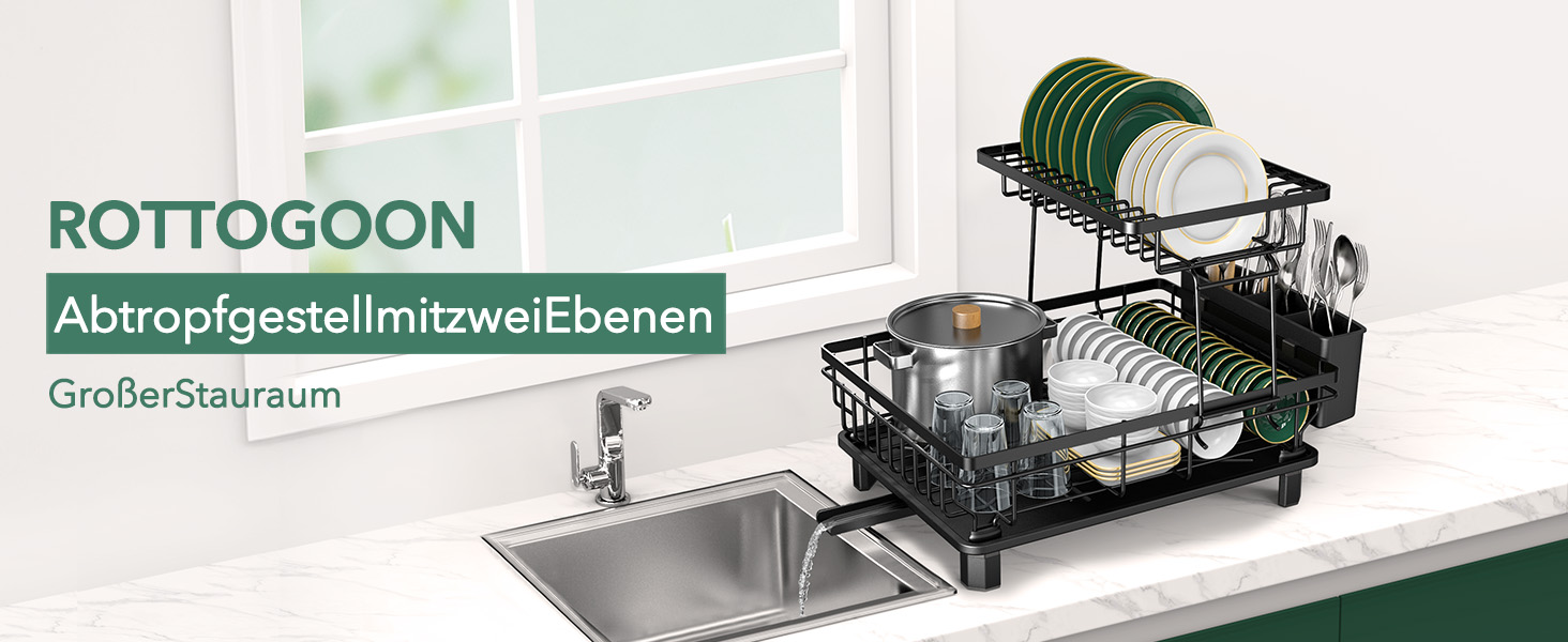 Сушарка для посуду ROTTOGOON розширювана, 2-ярусна, чорна: нержавіюча сталь, з висувним носиком та відділенням для столових приборів