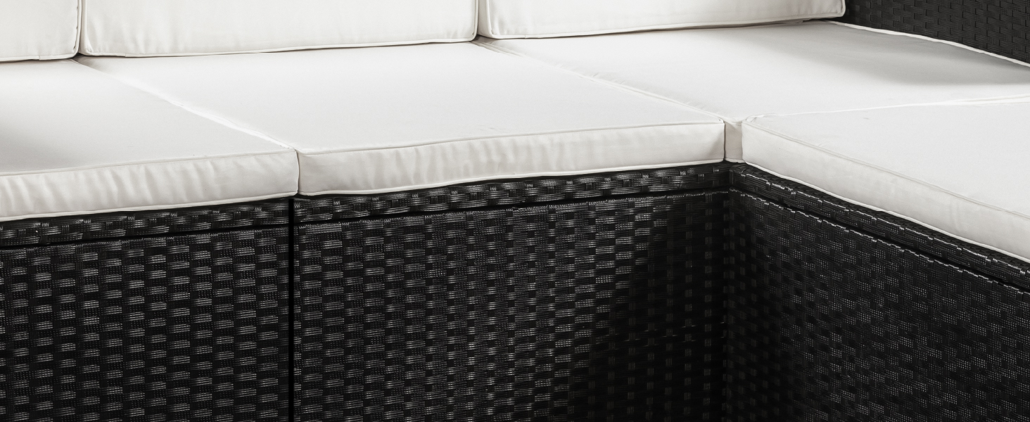 Juskys Lounge Punta Cana L: Комплект садово-розкішних меблів для 4-5 осіб (софа 3 місця, крісло, пуф, столик, подушки). Чудовий вибір для саду, тераси та балкону. Водостійкий набір меблів для відпочинку. Чорний/Крем.