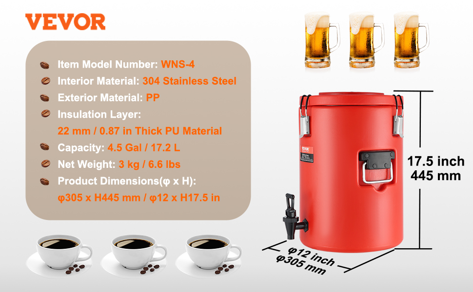 Диспенсер для гарячих та холодних напоїв VEVOR, 17.2 л, з нержавіючої сталі. Диспенсер для води, кави, молока, соку.