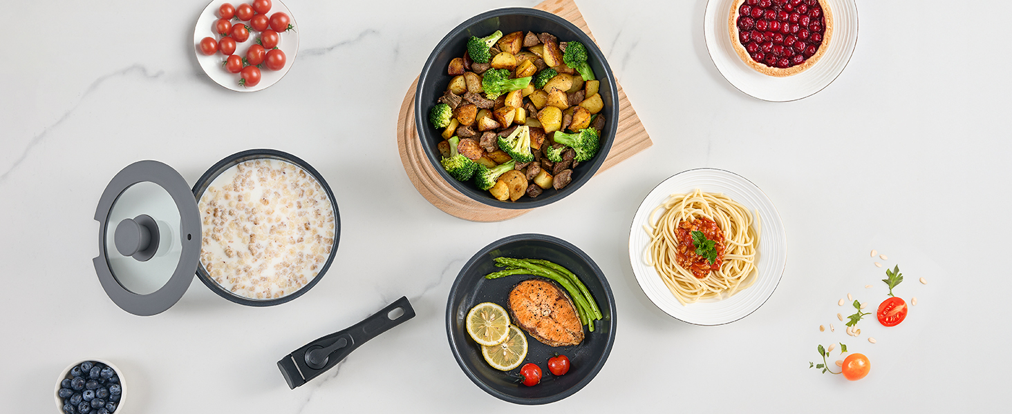 Набір посуду 9-ти частинний з знімним ручками, антипригарне покриття, для всіх типів плит, включаючи індукційні, сумісний з духовкою (сірий)