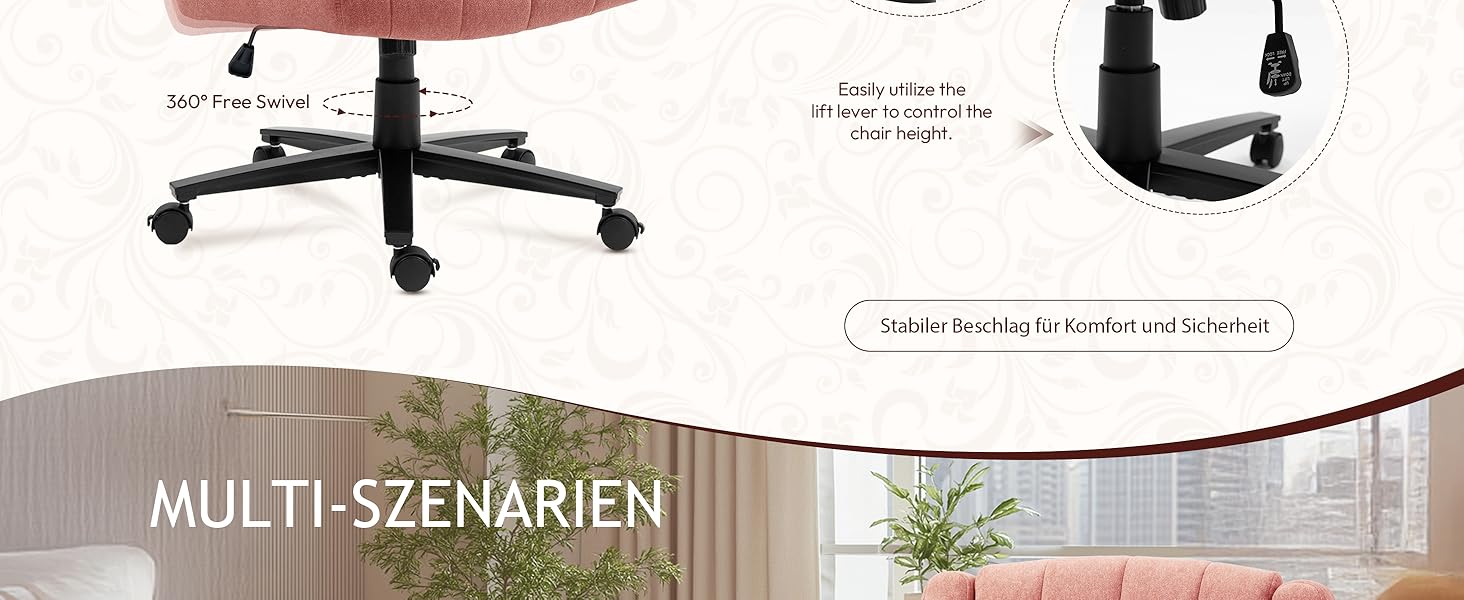 Крісло Vigosit Criss Cross з регульованими підлокітниками та колесами, антиковзаюча тканина, м'яке сидіння, поворотне, для дому, туалетного столика, офісу (Сірий/Рожевий)