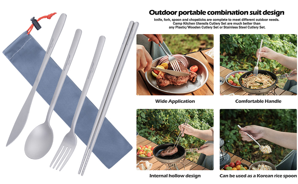 Набір столових приладів iBasingo Titan для кемпінгу: ложка, виделка, ніж, палочки для їжі. Металевий набір для відпочинку та подорожей Ti1056T
