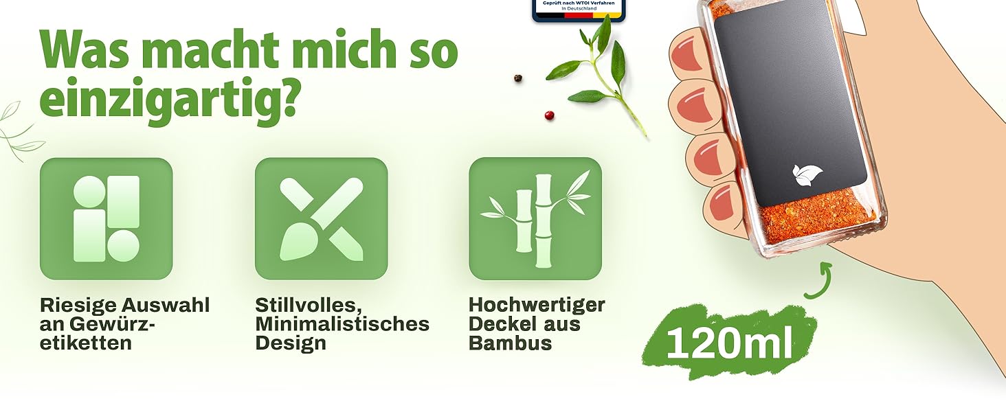 Набір бамбукових склянок для спецій | 24 шт. 120 мл, 10,7 x 4,5 см | з етикетками, дозаторами та крейдою