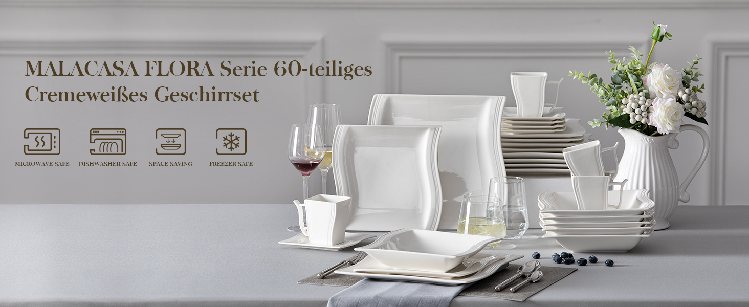 MALACASA Серія Flora – 60-елементний посудний сервіз для 12 осіб – кремово-білий порцелан з квадратним дизайном (тарілки, чашки, блюдця) – підходить для миття в посудомийній машині та для використання в мікрохвильовій печі