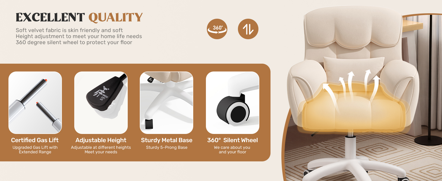 Ергономічне крісло для дому та офісу, обертове, регульоване по висоті, для робочого кабінету, спальні, бежеве