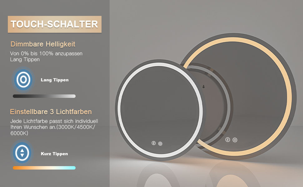 Дзеркало для ванної кімнати Dripex круглої форми з підсвічуванням LED, сенсорне керування, регулювання яскравості, 3 кольори світла, антизапарник, 50x50 см