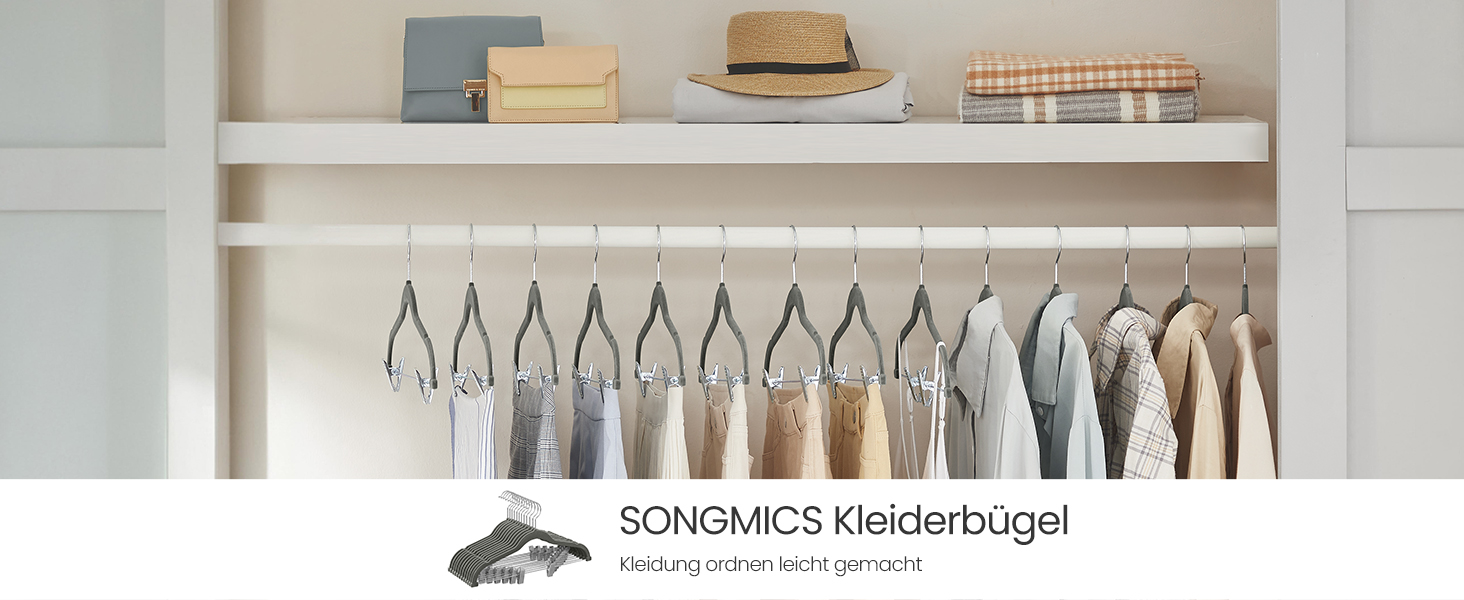 Набір вешалок SONGMICS з оксамиту, 20 шт., для штанів, пальто, суконь, 42,5 см, з регульованими кліпсами, антиковзаючі, економія місця, сірі