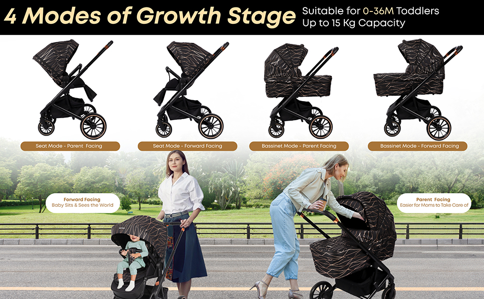 Дитяча коляска 2-в-1 BabyVoyage з люлькою та прогулянковим блоком, поворотні колеса 360°, амортизація, регульована ручка, складана, аксесуари, колір зелений (чорний-золотий)