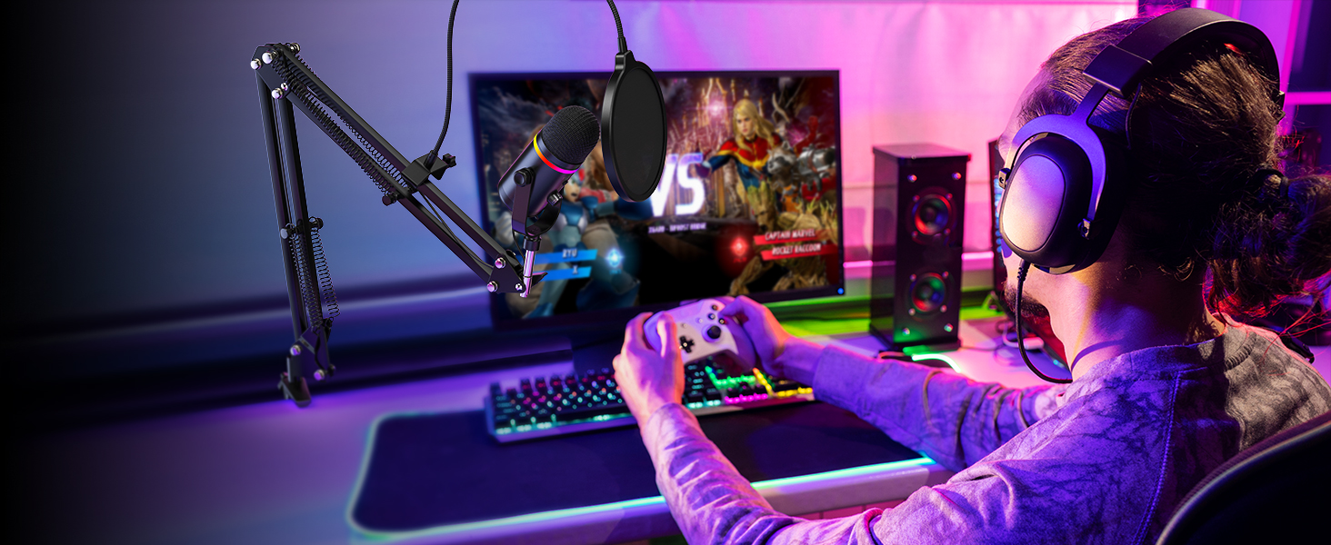 TECURS Мікрофон USB для ігор з RGB підсвічуванням, шумозаглушенням та студійним звуком – для стрімінгу, подкастів, PC, Mac, PS4, консолі, чорний