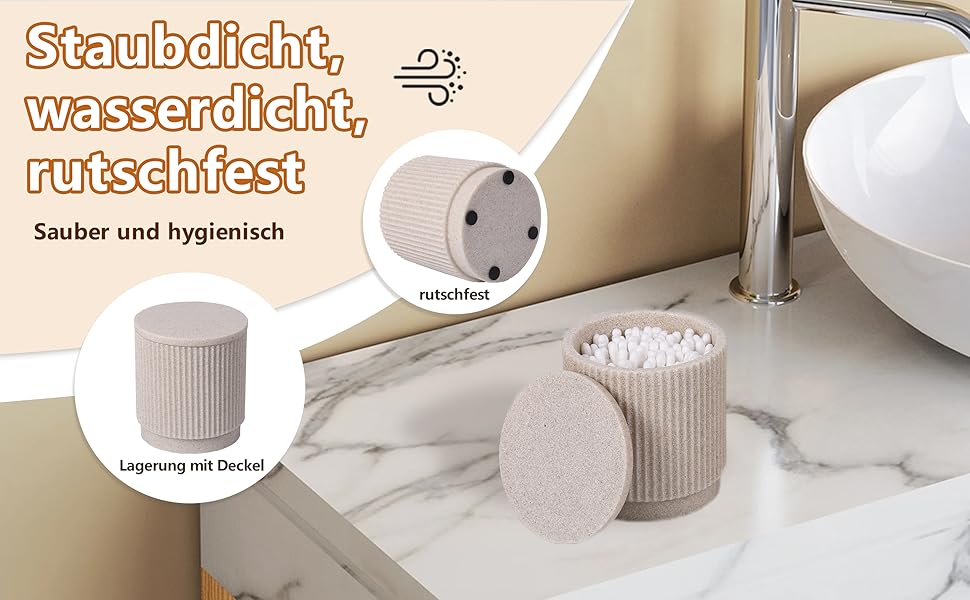 Набір для ванної кімнати 6 предметів: дозатор для мила, стаканчик для зубної щітки з підносом та коробочка для ватних паличок – смугастий дизайн, високоякісна смола (бежевий)