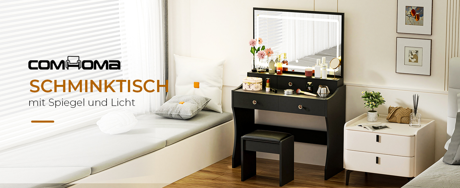 Трюмо COMHOMA з підсвічуванням, дзеркалом та прихованою LED-смугою, зі стільцем та 5 висувними ящиками, з розеткою, 3 колірні температури та регульована яскравість, білий (чорний)