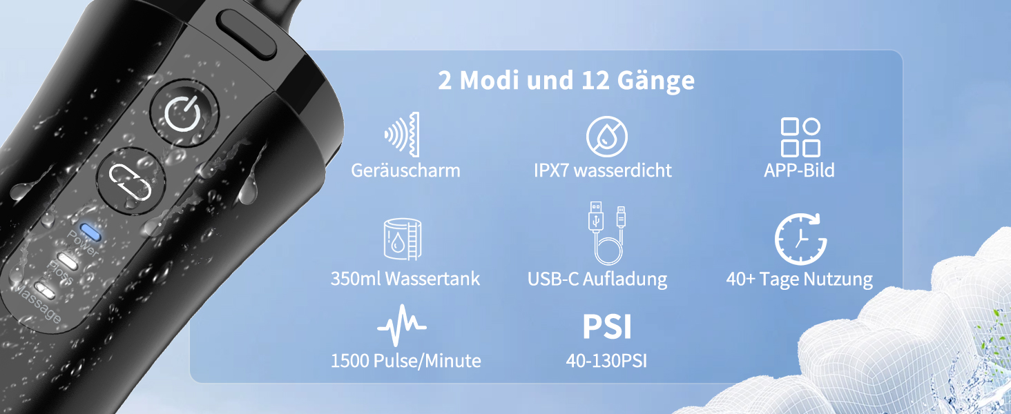 Електрична ірigator для порожнини рота VITCOCO бездротовий, 350 мл, 12 режимів, 5 насадок, чорний