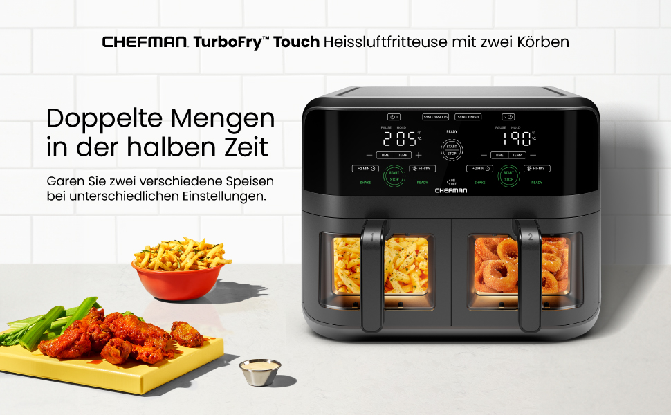 Фритюрниця повітряна CHEFMAN з подвійним кошиком 5.6L, цифрове управління, чорна