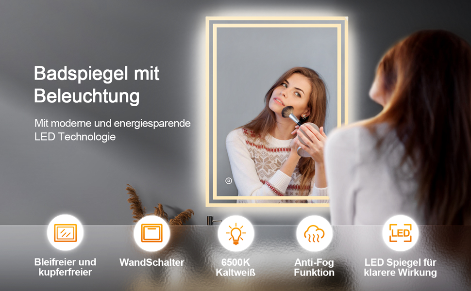 Дзеркало для ванної кімнати Badspiegel 70x50 см з підсвічуванням 3 кольори, сенсорне керування, прямокутне, LED, енергоклас A++