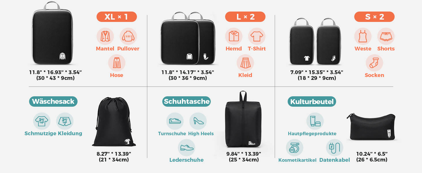 Набір органайзерів для валізи та рюкзака з компресією, водонепроникні пакувальні куби для подорожей, 8 предметів, чорний