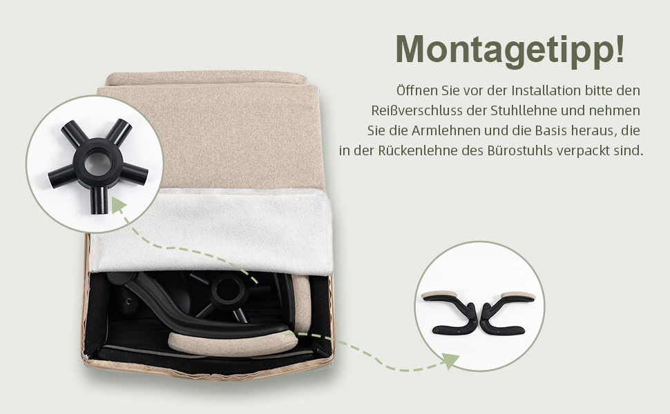 Офісний стілець CASTLOVE з ергономічною спинкою, регульовані підлокітники, висока спинка, регулювання висоти, функція гойдання (тканина бежевого кольору, до 150 кг)