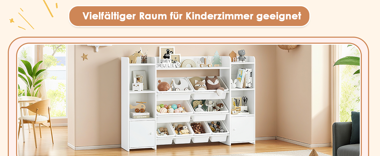 FOREHILL Дитяча полиця з 8 ящиками, дитячий шафчик, полиця для книг для дітей, органайзер для зберігання в дитячій кімнаті, меблі з іграшковою коробкою, 138,8 x 94,3 x 29,6 см, білий