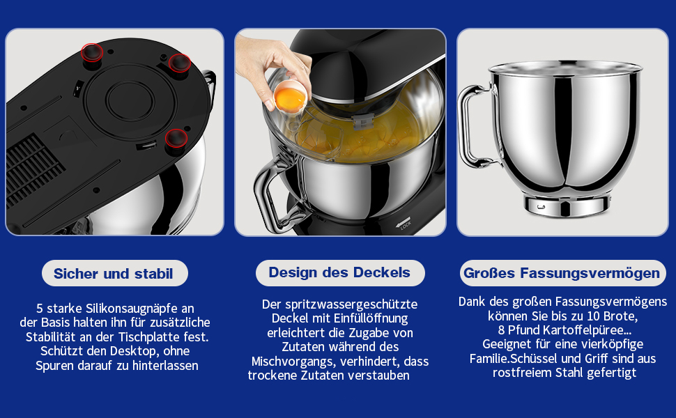 Кухонна машина 1500W 8L з 6 швидкостями, функцією ферментації та LCD-дисплеєм. В комплекті міксер, гак для тіста та вінчик. Чорний колір.