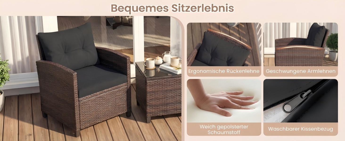 Набір садових меблів GIANTEX з ротангу для балкона та саду: 2 крісла та стіл, сірий з сірим (3 предмети) з подушками