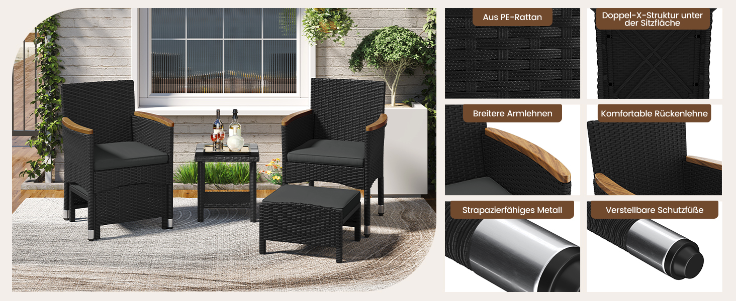 Садовий набір меблів Yaheetech 5 предметів: 2 крісла, 2 пуфи, столик для балкона та тераси (чорний та сірий)