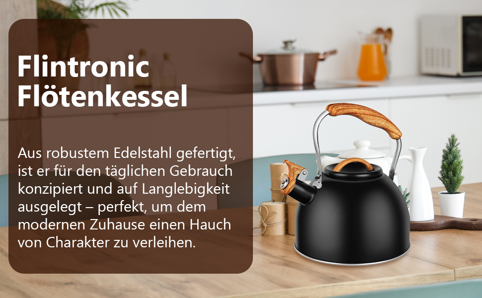 Свистячий чайник Flintronic 3L з нержавіючої сталі з дерев'яною ручкою, чайник для всіх конфорок, чорний