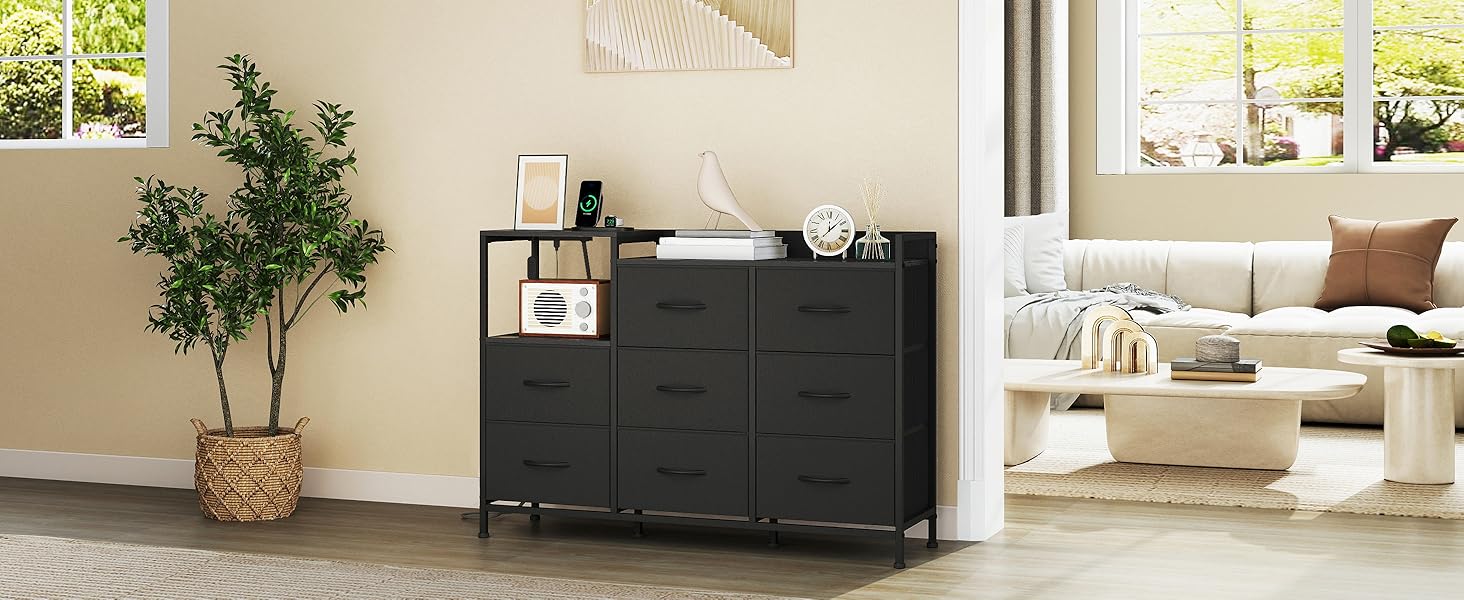 Комод Somdot з висувними ящиками для спальні, вітальні, передпокою з LED-підсвічуванням та розетками (2 AC, 1 USB, 1 Type-C), 5 тканинних ящиків, білий, 29T x 66,5B x 70,5H cm (Чорний, 29T x 99B x 70.5H cm (8 ящиків))