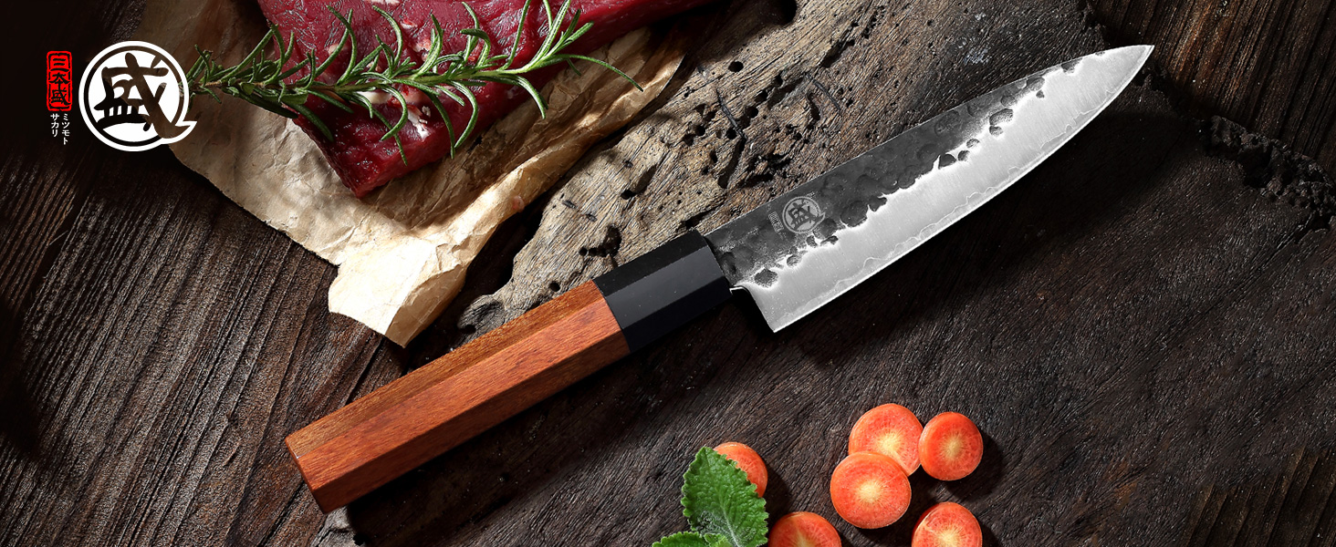 Японський ніж Mitsumoto Sakari для кухні, 14 см, з високоякісної сталі, ручка з рожевого дерева, подарункова коробка