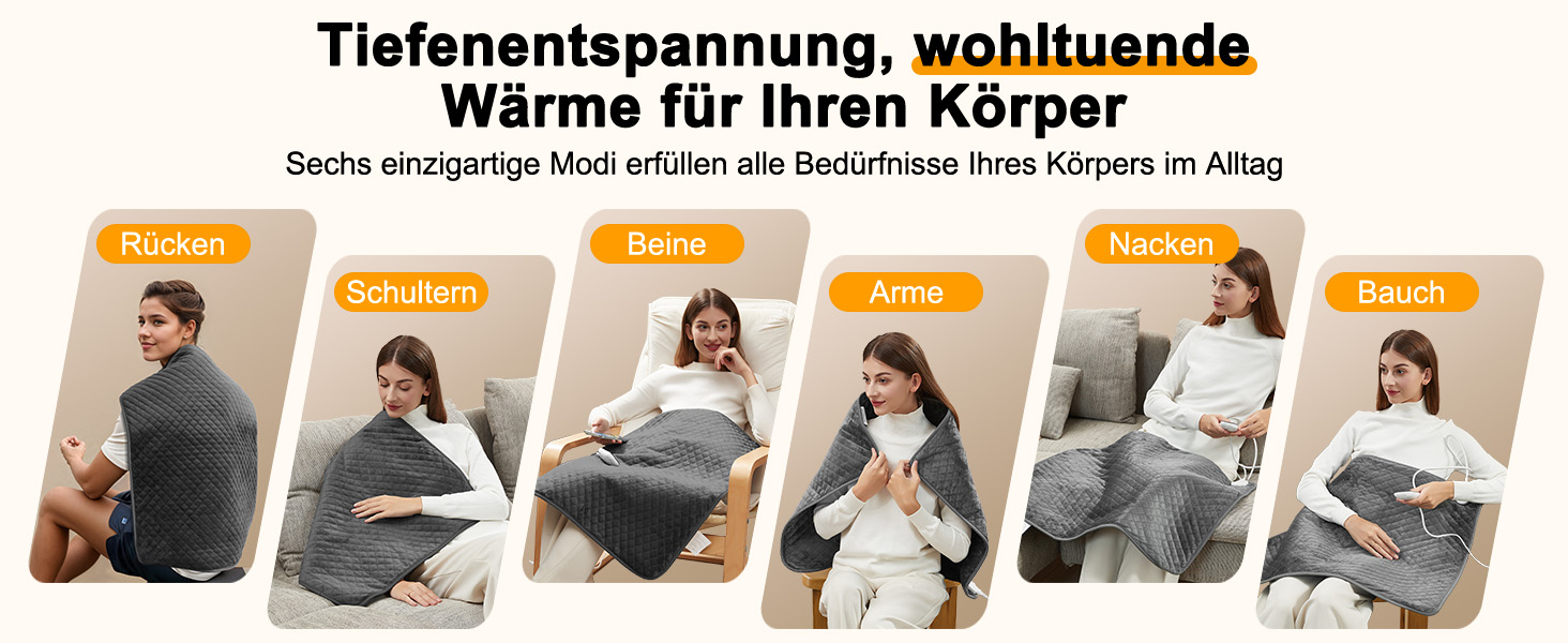 Електричний гріючий килимок XXXL (80 x 60 см) з автовимкненням, 6 температурних режимів, 4 налаштування часу для спини, плечей, живота, ніг, швидкий нагрів, можна прати в машині