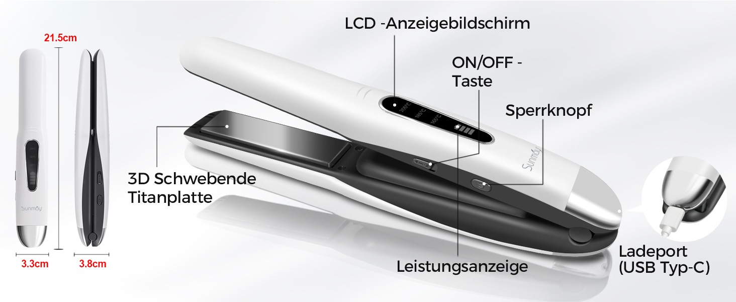 Бездротовий випрямляч SUNMAY Voga з батареєю 5000 мАг, акумуляторний випрямляч для волосся та плойка 2 в 1, міні-портативний туристичний випрямляч 3 регульовані температури, титанові пластини з швидшим нагріванням (білий)