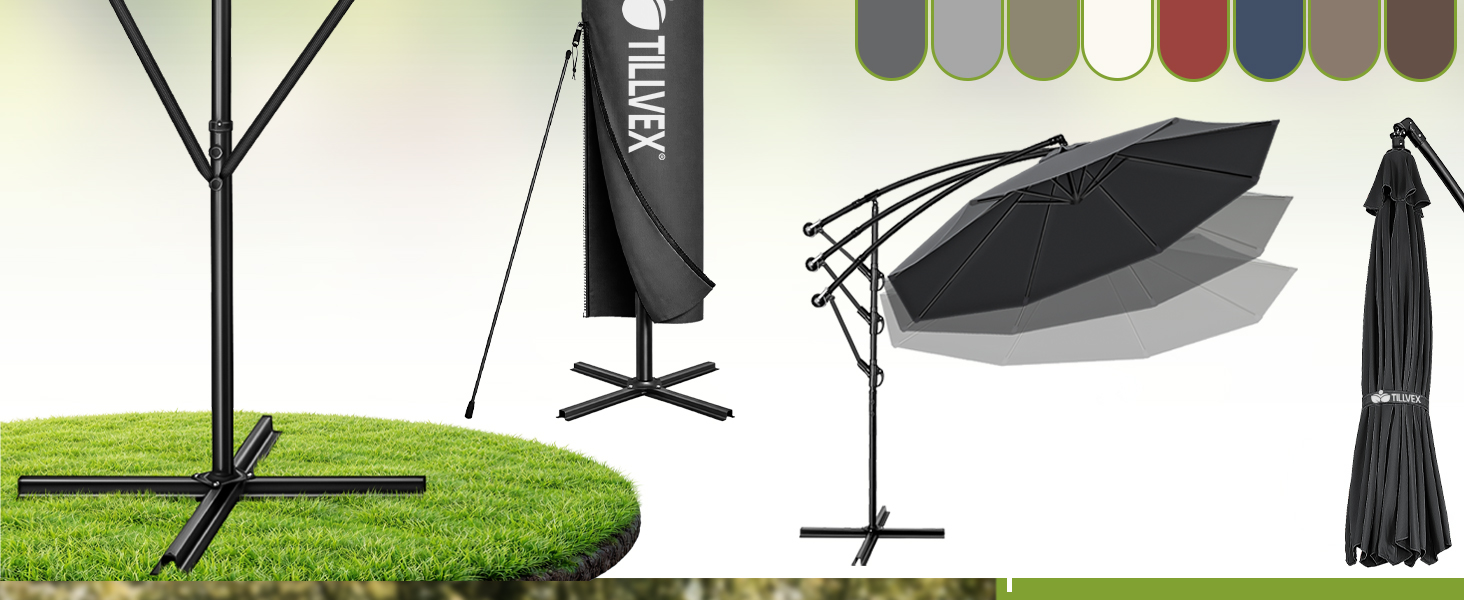 Садова парасолька tillvex Alu 300 см з кобулкою, стійкою та чохлом, антрацит — водонепроникна парасолька-ампел з захистом від UV та вітру, поворотна на 360°