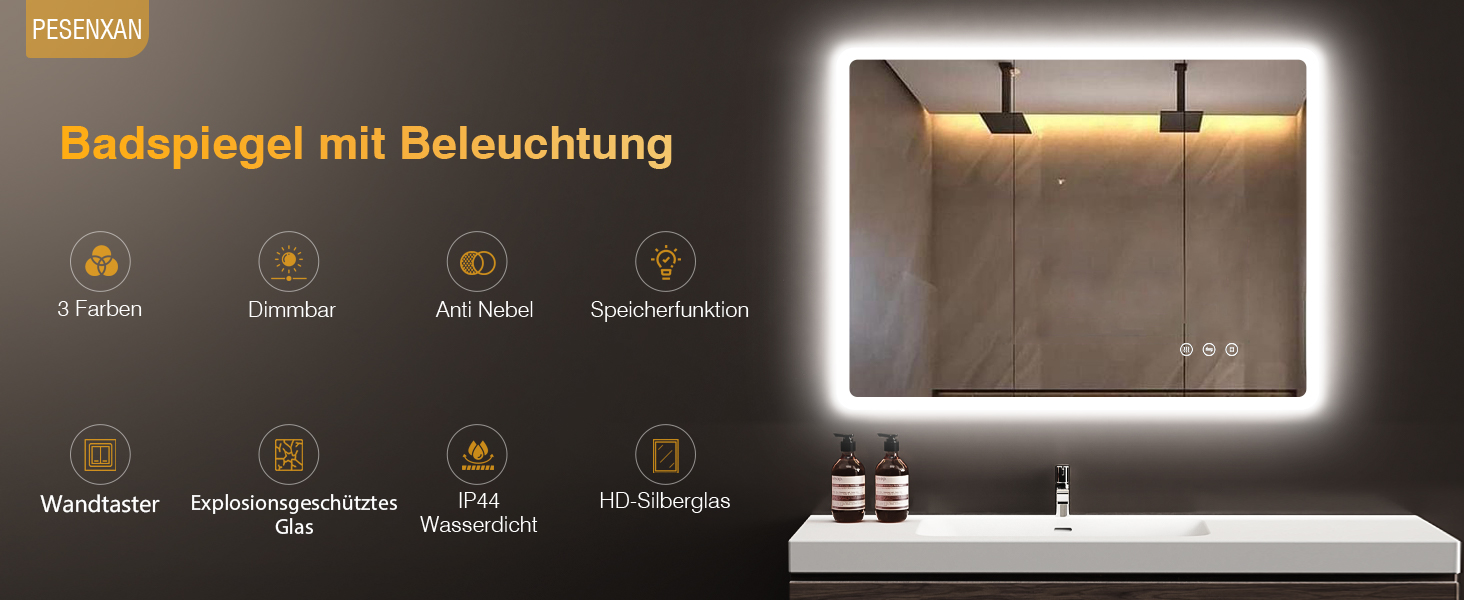 LED дзеркало для ванної кімнати 80x60 см з підсвічуванням, диммування, антизапар, 3 кольори світла, IP44, функція пам'яті, горизонтальне/вертикальне кріплення