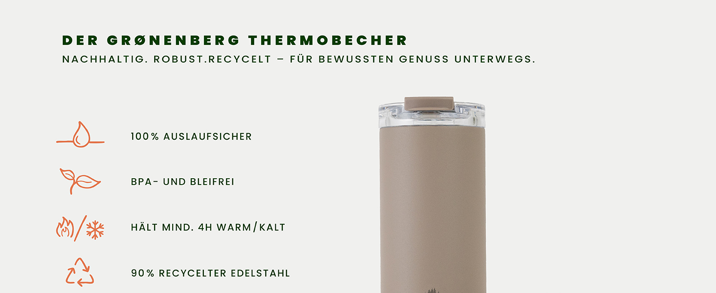 Термокружка Groenenberg 473 мл | Зберігає тепло до 4 годин | Без витоку | З переробленої нержавіючої сталі (Earth)