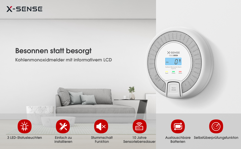 Виявник CO X-Sense з цифровим дисплеєм, датчик вуглекислого газу, 10 років служби, акумулятор замінюється, сертифікат EN 50291, CO03D автономний