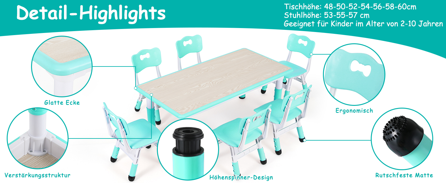Дитячий стіл MAMIZO з 4 стільцями, регульована висота, комплект для дитячої кімнати/садка, пластикові меблі, для дітей від 2 років (60 x 60 x 120 см, м'ятний)