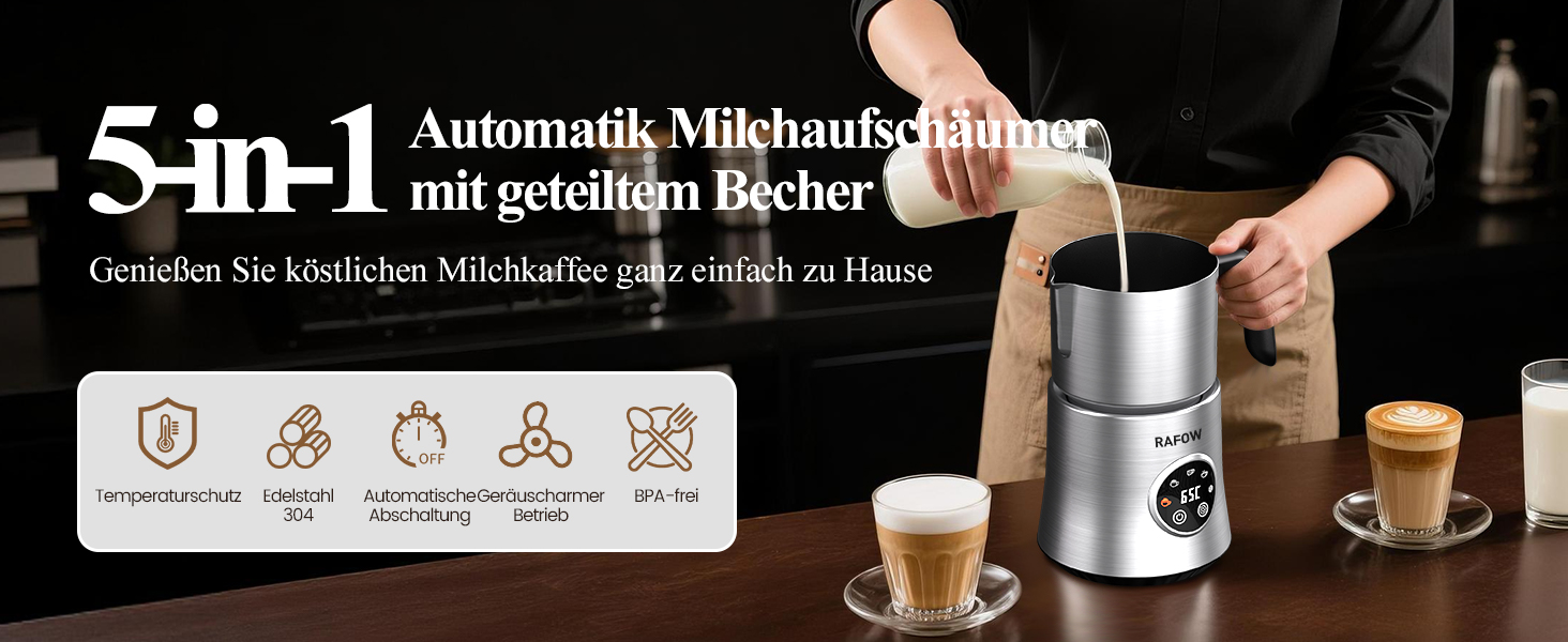 Електричний спінювач молока 5 в 1 - автоматичний спінювач молока з великим об'ємом, для гарячого та холодного молока, для капучино, лате, гарячого шоколаду, 500 мл, миється в посудомийній машині