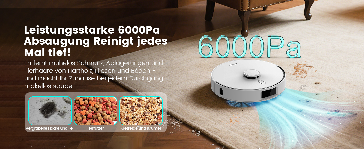 Робот-пилосос AIRROBO T30+ з функцією миття, 6000Pa, LiDAR-навігація, 240 хв роботи, App-керування, білий малюнок