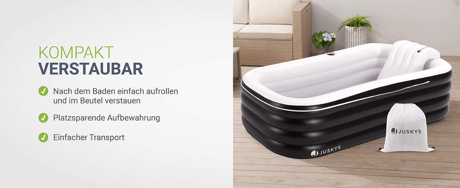 Надувна ванна Juskys M - для відпочинку на відкритому повітрі, складана, мобільна, з підголівником, для балкона, чорна, з кришкою та насосом