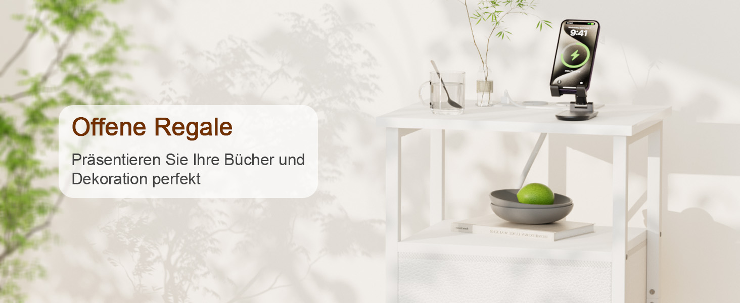 Нічний столик AMHANCIBLE з підзарядкою, приліжкові столики з висувними ящиками з тканини, журнальний столик з відкритою полицею, з 2 USB-портами та 2 розетками, для спальні та вітальні, HETS020GY-1 (Білий)