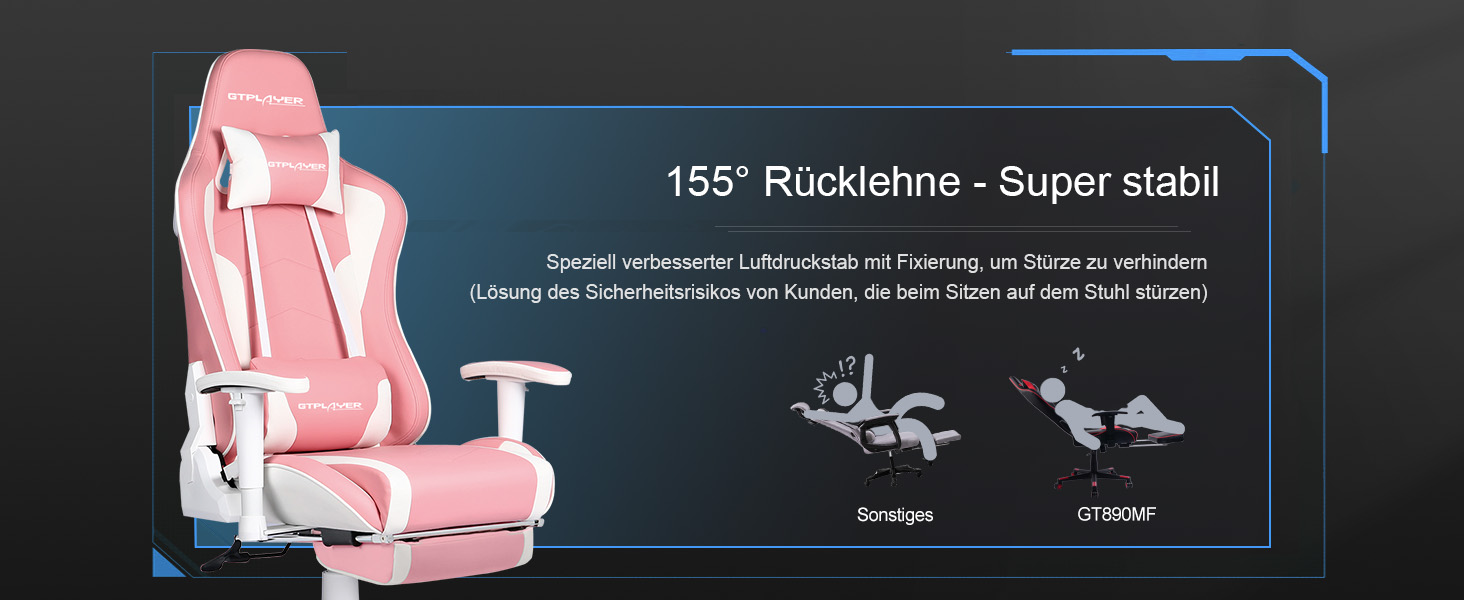 Ігрове крісло GTPLAYER з підставкою для ніг, Bluetooth, ергономічне, навантаження 150 кг (рожевий)